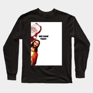 jesus looking around corner with santa christmas funny cards Long Sleeve T-Shirt